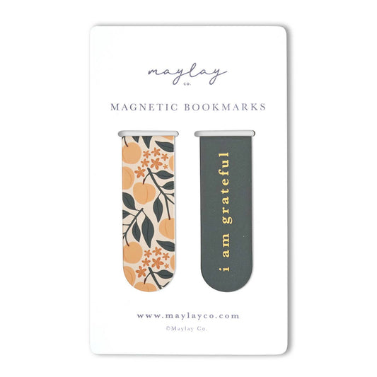 "I Am Grateful" Peaches Floral | Magnetic Gold Foil Bookmarks (Set of 2)